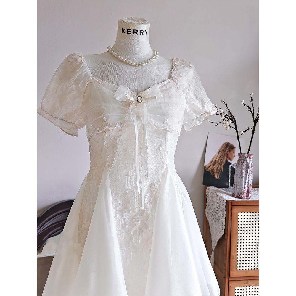 French gentle and sweet wind mesh stitching beautiful and unique temperament waist puffy short skirt jacquard short sleeve dress