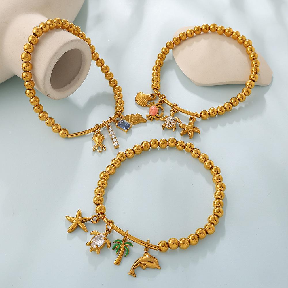Summer Beach Ocean Wind Starfish Shell DIY Pendant Round Bead Bracelet Gold-plated Stackable Jewelry