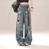Jeans Larghi da Donna con Stampa Street Americana, Design Ampio e Versatile, Pantaloni Dritti Lunghi Fino a Terra