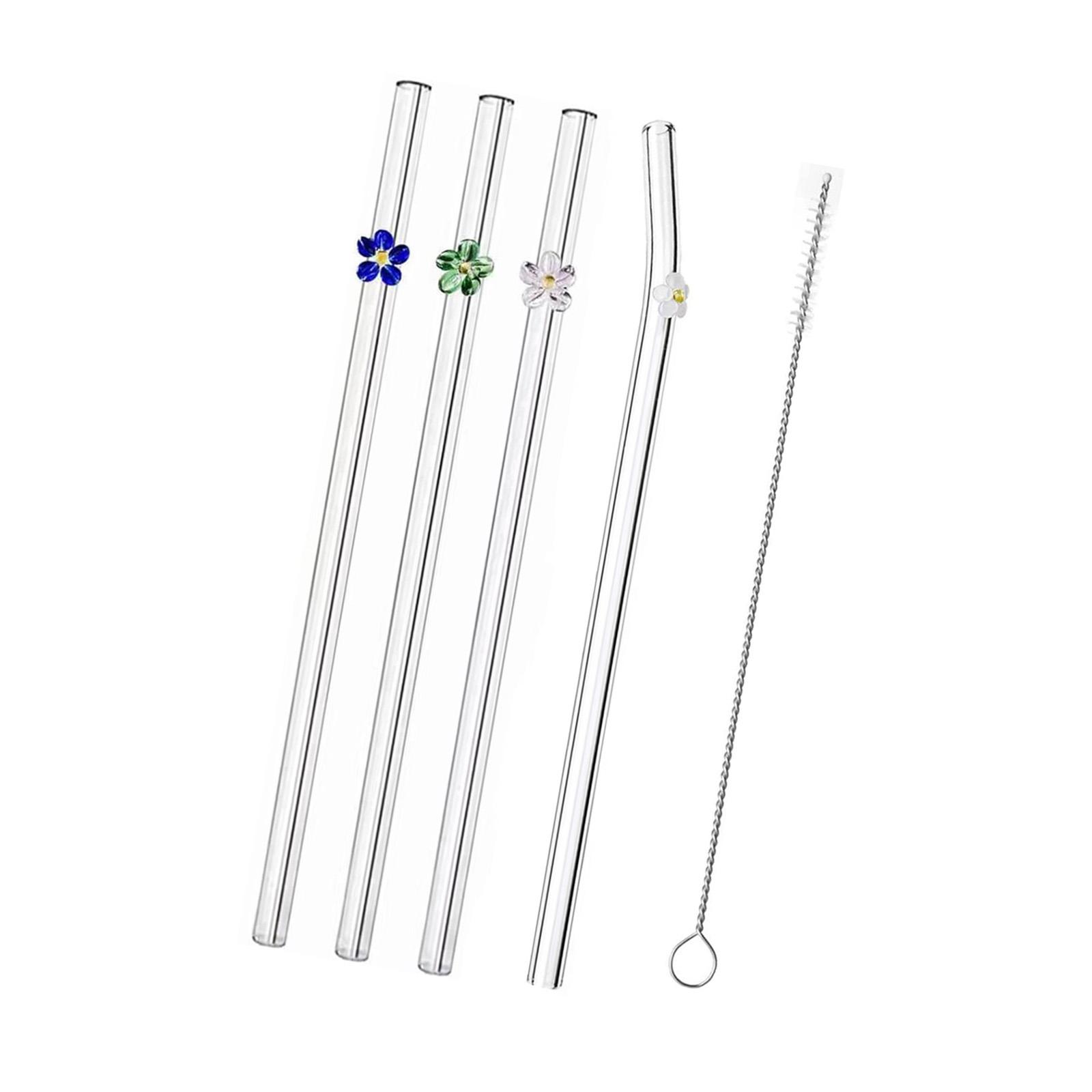 

Set of 5 Glass Straws with Flower Shaped Decor Clear Cleaning Brush Long Glass Straws Colored for Picnics Frozen Drinks Milk Tea чистый