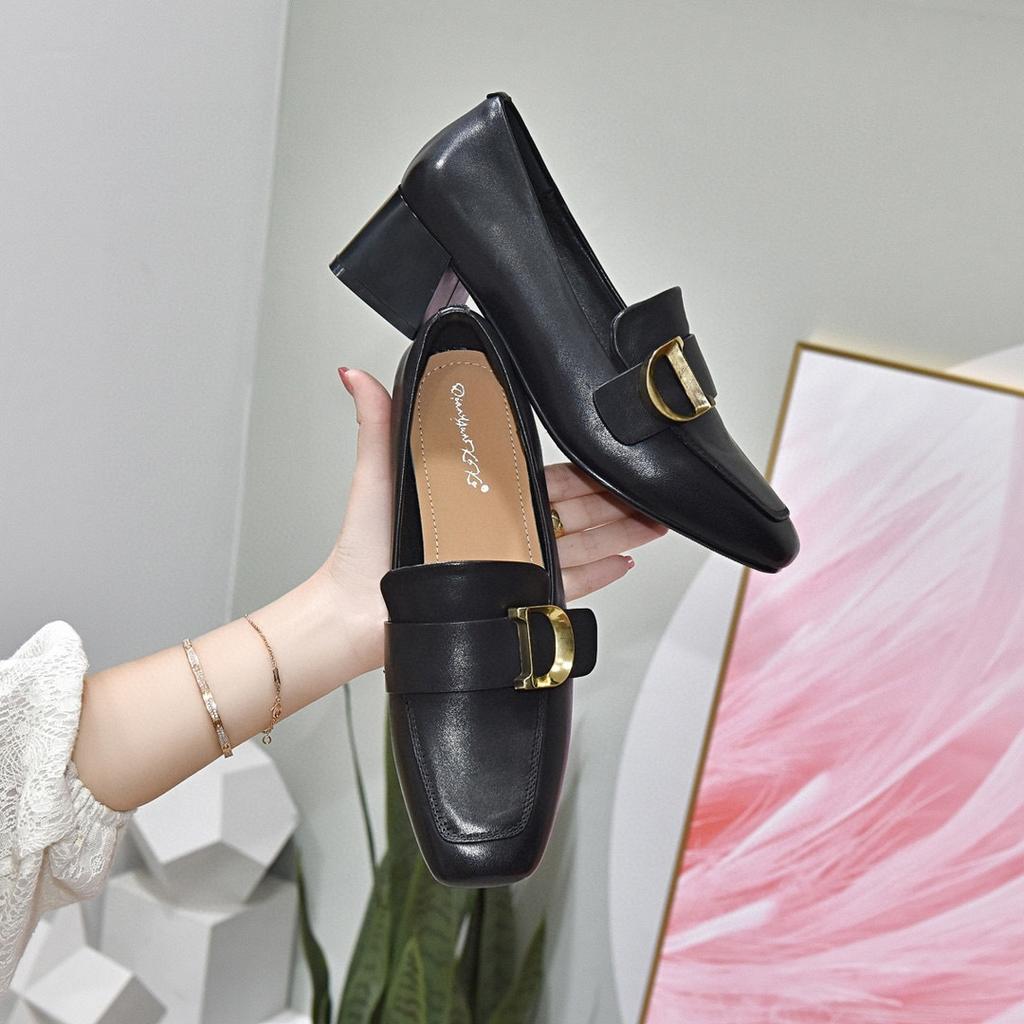 Square head high heels women's autumn new cowhide thick heel belt buckle single shoes four seasons shoes work shoes