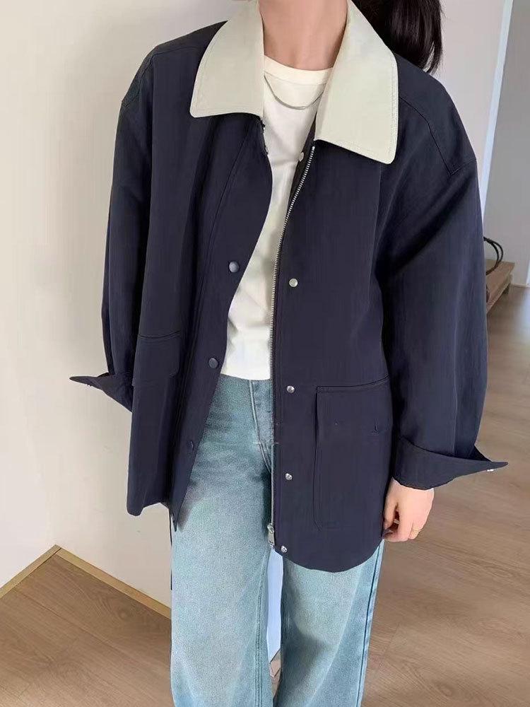 

Женский тренч средней длины в стиле ретро, с цветными блоками и лацканами, 2025 M темно-синий