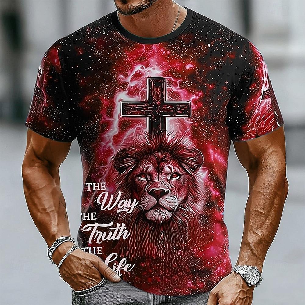 Men's Lion Cross Christian T Shirt Short Sleeve T shirt 3D Print Crew Neck Shirt Religious Casual Daily Party Blue Red Green