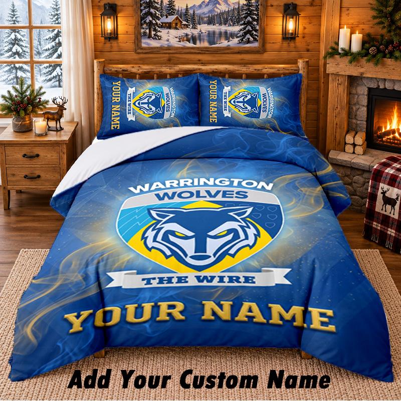 Sada ložního povlečení Warrington Wolves 3dílná Sada s vlastním jménem, Prostěradlo a Povlaky na polštáře Pro Domácí Ložnici
