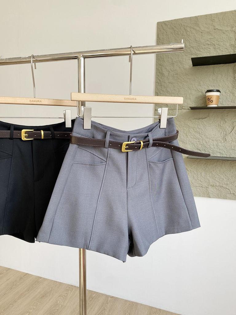 Summer 2025 Women's Casual Grey High-Waist A-Line Wide-Leg Shorts: Korean Fashion Trend