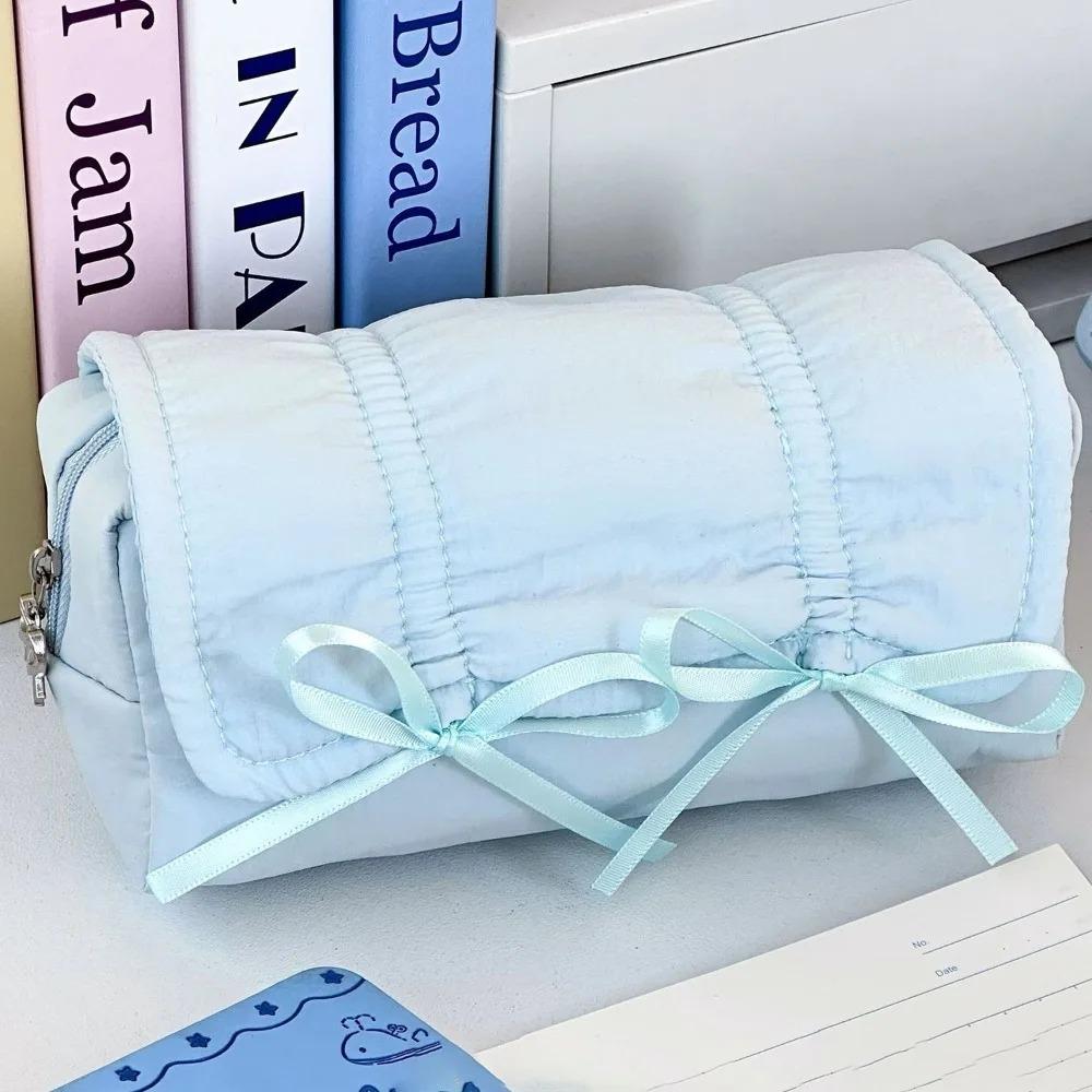 INS Bow Drawstring Pen Bag Large Capacity Stationery Storage Bag Solid Color Pencil Case  Gift