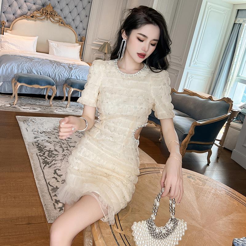 GMXIA Sommerliches Kleid mit süßem Temperament, Rauteneinlage, Rundhalsausschnitt, ausgehöhltem Sticknetz und Holzohren für Damen