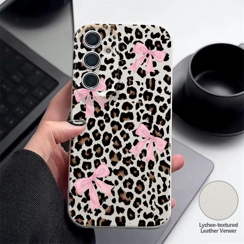 Bowknots Leopard Print Case For Samsung S26 S25 Ultra S24 S23 S22 S21 FE A15 A35 A55 A16 A36 A56 A17 A18 A37 A57 5G Leather Texture Soft Cover