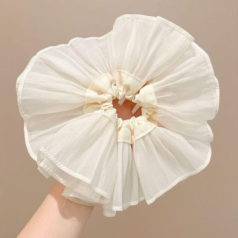 Cream White Satin Striped Ballet-Style XL Scrunchie for Women - Versatile Hair Tie