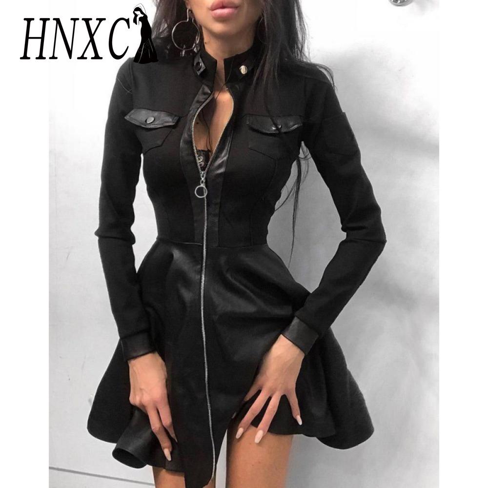 

HNXC Модное женское мини-платье из искусственной кожи с кружевом, длинным рукавом и молнией, с большим подолом S