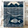 Modern Artistic Blue and White Fish and Mountain Pattern Waterproof Shower Curtain for Stylish Bathroom Decor, Easy Instal