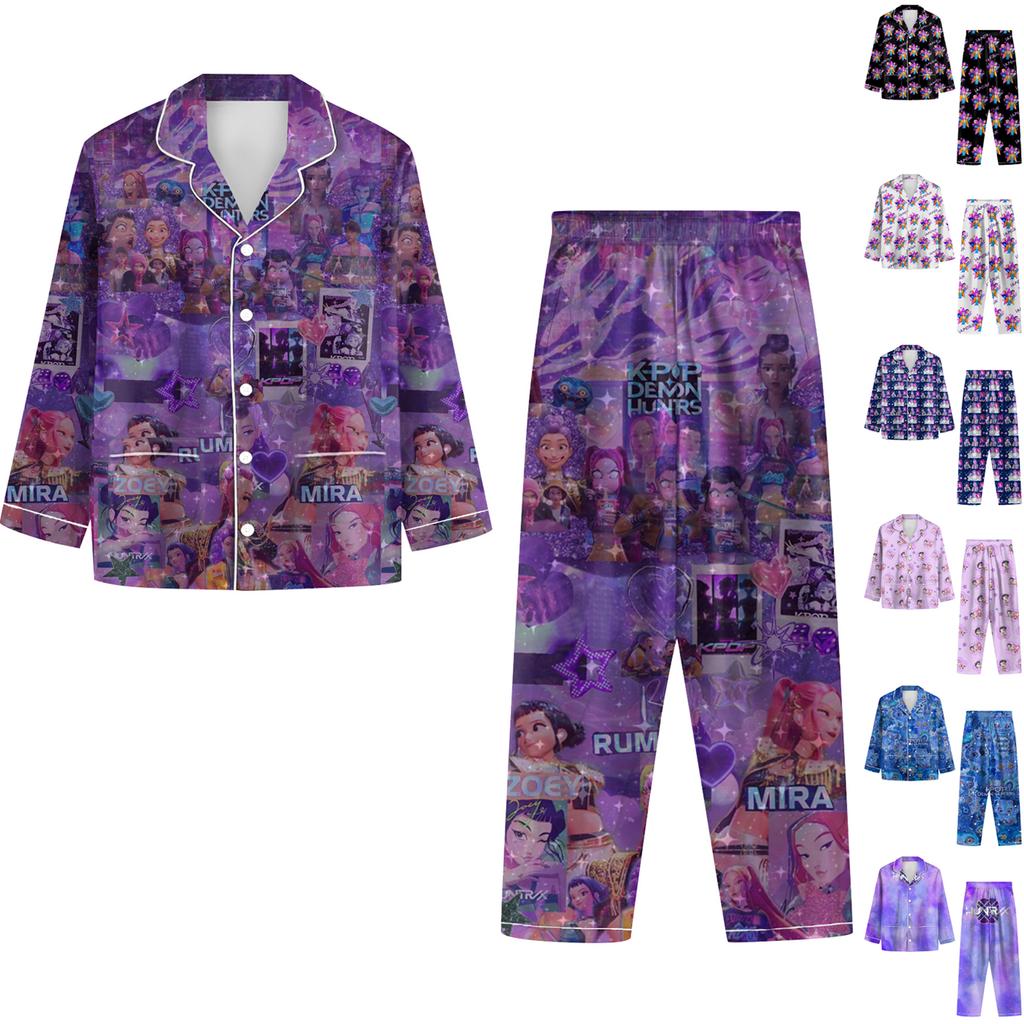 Women's 2 Piece Printed Suit Long Sleeve Button Up Top Wide Leg Pants Suit Set Pajamas Home Casual Suit