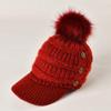 Autumn Winter Women Button Plush Thickened Warm Duck Tongue Big Wool Ball Knitted Wool Hat
