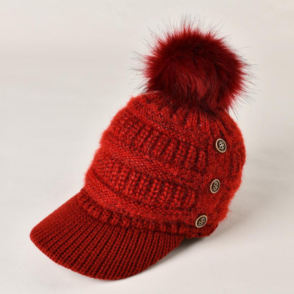 Autumn Winter Women Button Plush Thickened Warm Duck Tongue Big Wool Ball Knitted Wool Hat