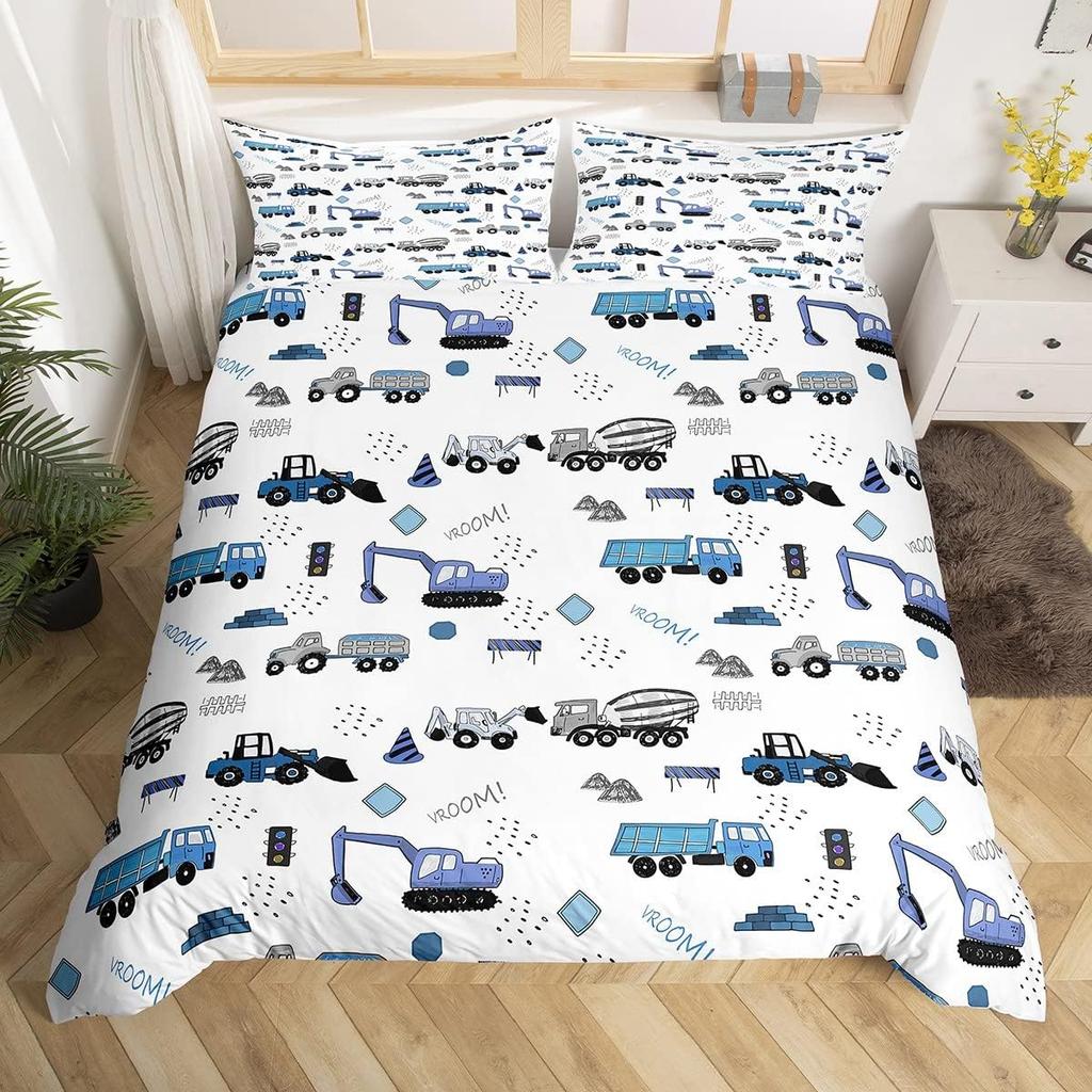 Colorful Cartoon Car Duvet Cover Set Twin King Train Truck Police Car Print Quilt Cover Cartoon Vehicle Bedding Set For Boy Teen