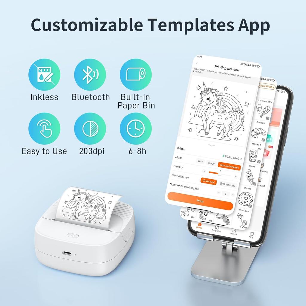 Mini Sticker Printer, Portable Thermal Inkless Printer with Auto-Calibration, Bluetooth Compact Label Maker with 7 Rolls (3 Paper Types) & 6 Colored