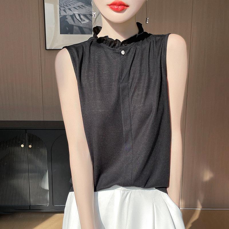 Women's Spring and Summer New Retro Style Half-high Round Neck Wooden Ear Edge Jacquard Hollow Loose Sleeveless Vests