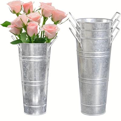 Four-piece Galvanized Metal Barrel Vase, 9inch Farmhouse French Flower Bucket Planter with Handle, Rustic Decor Metal Holder Family Marriage