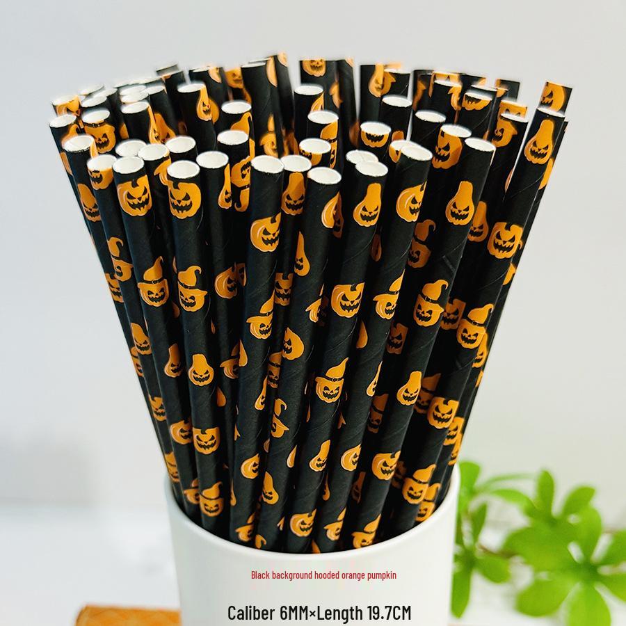 Biodegradable Halloween Paper Straws with Skull and Pumpkin Design