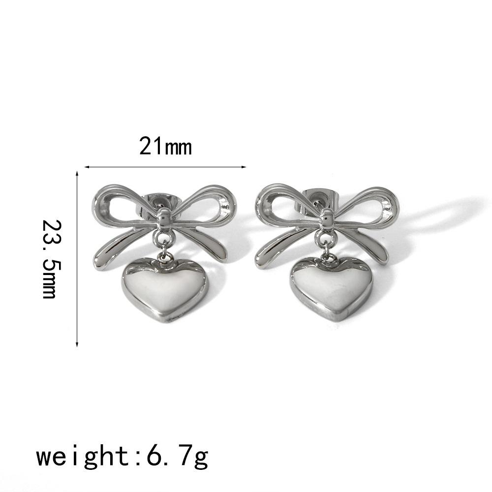 Simple Exquisite Gold Plated Heart-Shaped Pendant Earrings Stainless Steel Bowknot Stud Earrings Suitable For Daily Wearing
