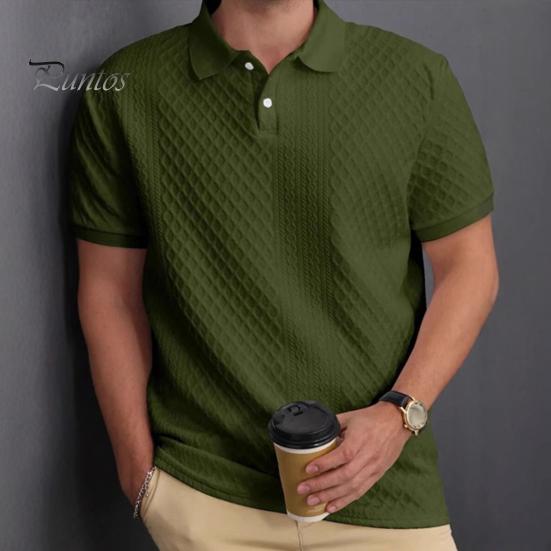 Men Tops Lapel Short Sleeve Solid Color Tee Shirt with Jacquard Decoration Jacquard Fabric Solid Color Tops