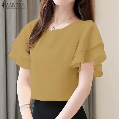 Women Summer Round Neck Ruffles Short Sleeve Casual Blouse