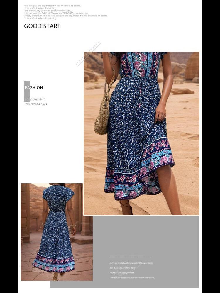 Women Retro Slim Fit Long Print Dress European American Style Summer Green