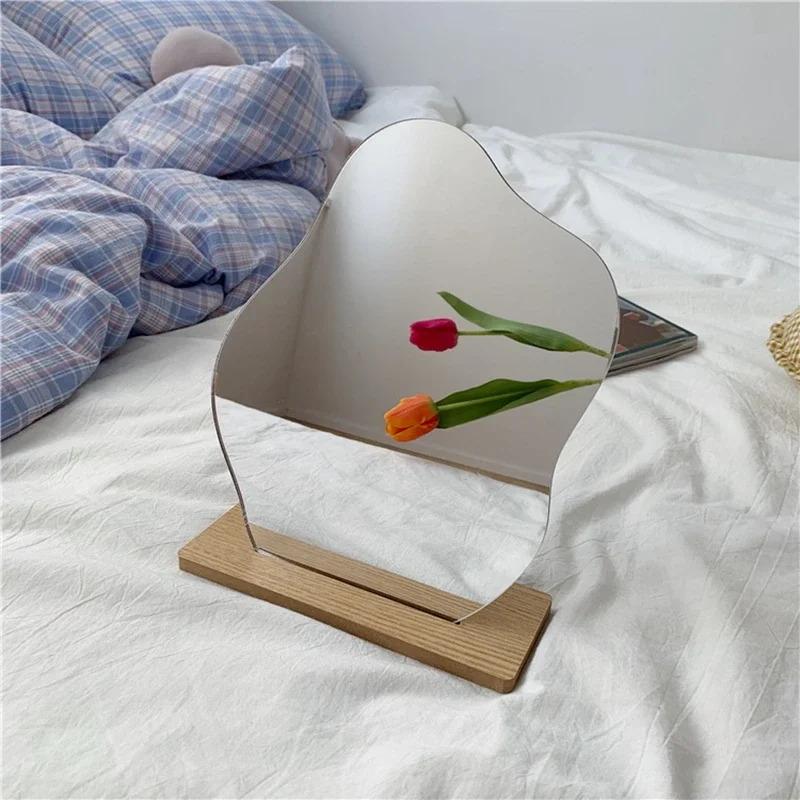 Decorative Mirror, Acrylic Wooden Base, Minimalist Irregular Makeup Mirror, Bedroom Vanity Mirror, Beauty Cosmetics