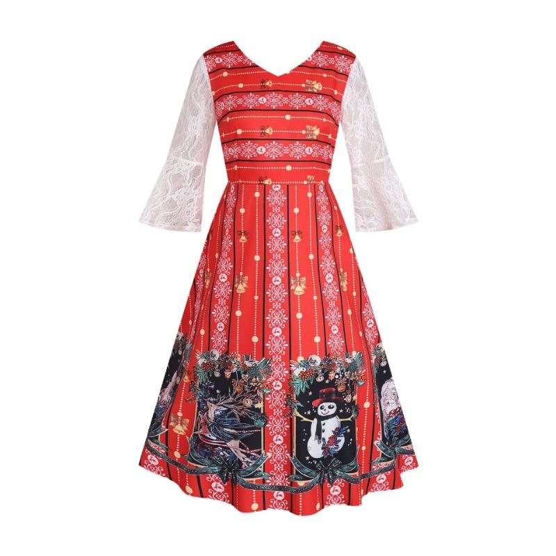 

Британская ретро юбка V-образный вырез расклешенная рукав средней длины полосатая клетчатая этнический принт А-силуэт S