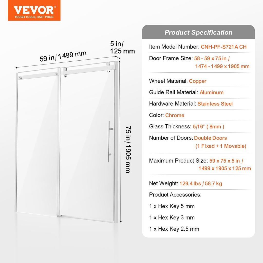Frameless Shower Door 58-59" x 75" SGCC Tempered Glass 5/16" Chrome
