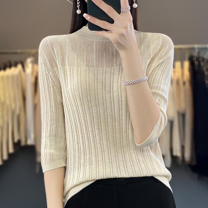 

Half-high Neck Hollow Five-point Sleeve One-line Ready-to-wear Sweater for Women Loose Pull-up Slim Bottom Shirt Short-sleeved Top Thin M