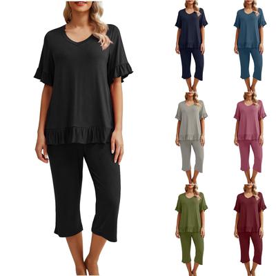 Womens Pajama Set Short Sleeve Shirt Sleepwear Ladies Three-quarter Pants With Pockets