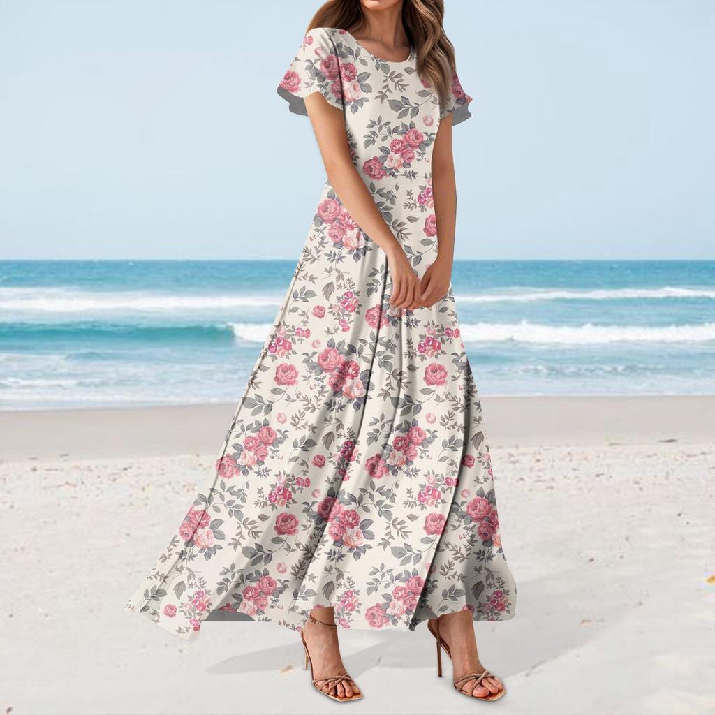 Women's Hawaiian Print Casual Round Neck Short Sleeve High Waist Dress