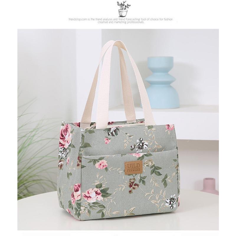 New Fashionable Women's Hand-held Printed Canvas Bag Thickened Large-capacity Aluminum Foil Bento Thermal Insulation Tote Bag