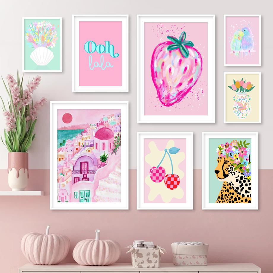 Wild Leopard Lion Strawberry Cherry Orange Vase Pastels Wall Art Canvas Painting And Prints Wall Pictures For Living Room Decor No Frame