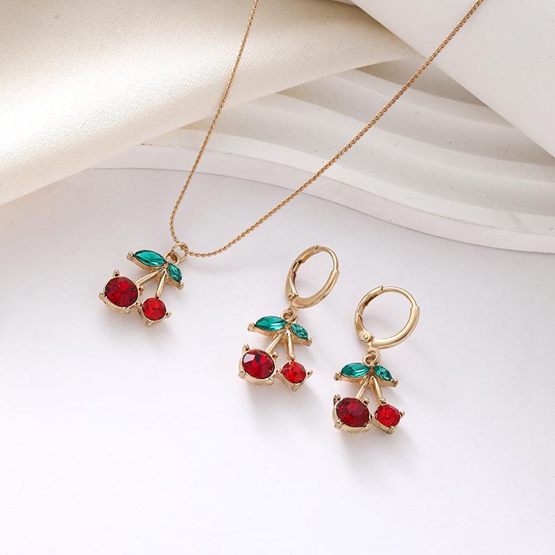 Sweet Cherry Necklace And Earring Set For Women Cute Fruit Jewelry Summer Accessories