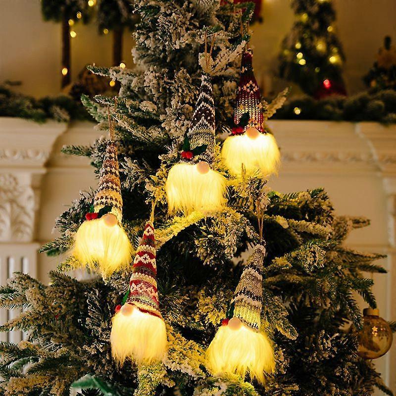 Hanging Gnome Christmas Ornament with LED Lights, Adorable Faceless Doll, Plush Gnome Santa Doll, Glowing Old Man Minifigure Tree Ornament (5pcs)