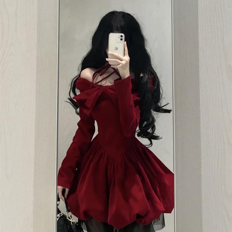 Women's Slightly Tipsy Velvet Halter Dress - Red Holiday Edition