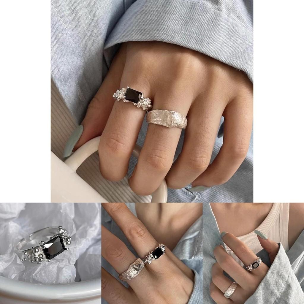Open Modern Geometric Finger Ring For Women With Black Zirconia Material Copper