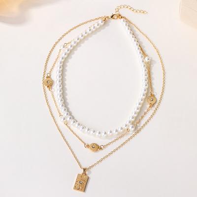 New Accessories Fashion Pearl Chains Stacked Necklaces Geometric Eyes Pendants Women