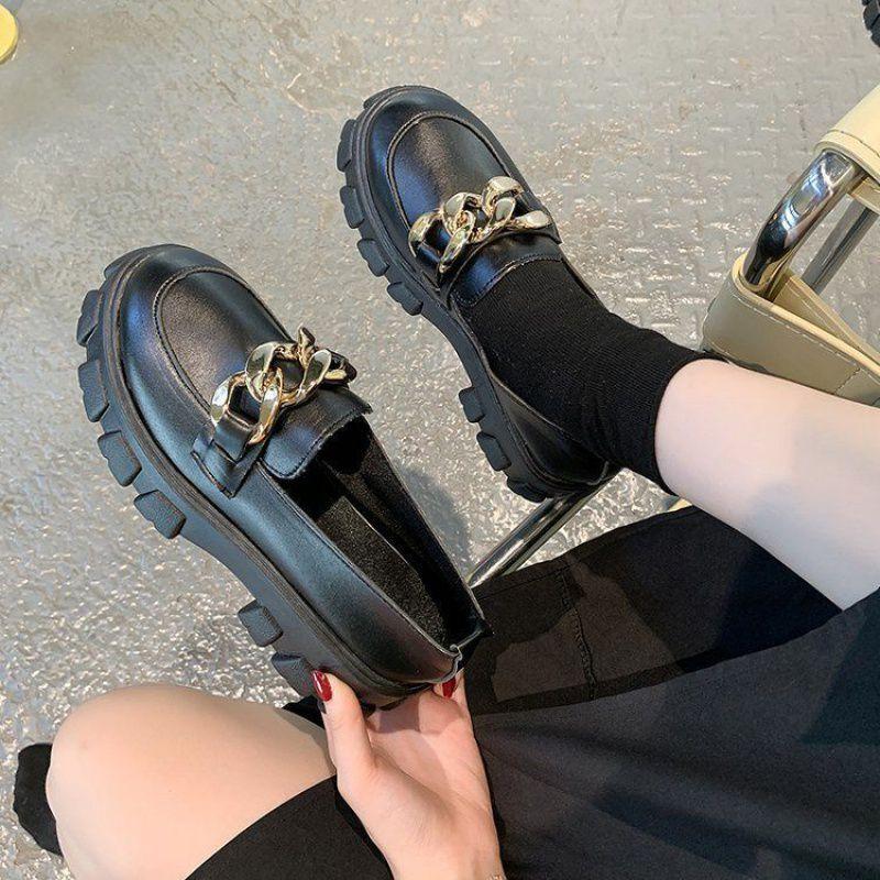 

Универсальные ретро-лоферы с цепочкой на платформе с круглой подошвой, одинарные туфли, маленькие кожаные туфли для женщин в британском стиле 40