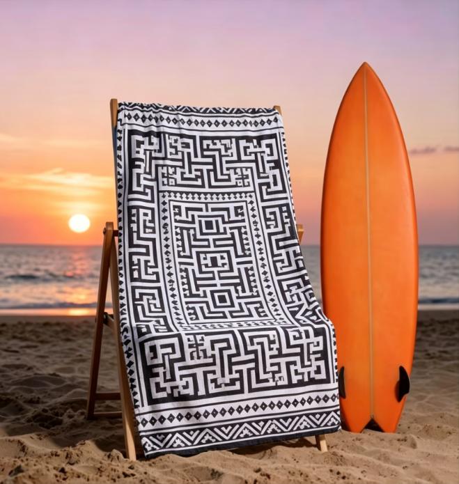Large Microfiber Beach Towel, Black & White Aztec Geometric Print, Sand Free & Quick Dry, for Boho Summer Beach & Pool Use