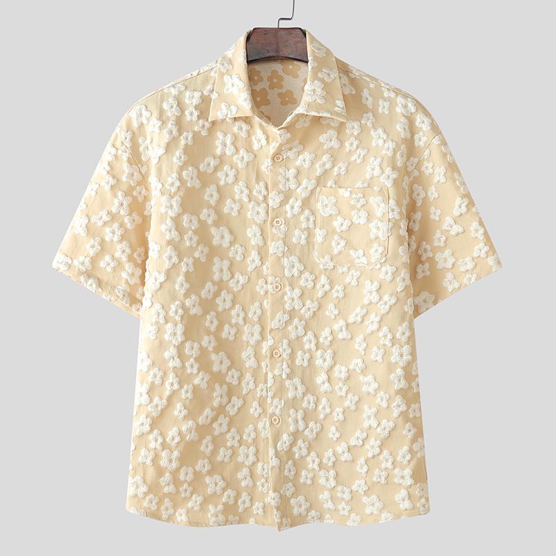 

INCERUN Summer Men Short Sleeves Floral Texture Casual Holiday Shirts M хаки