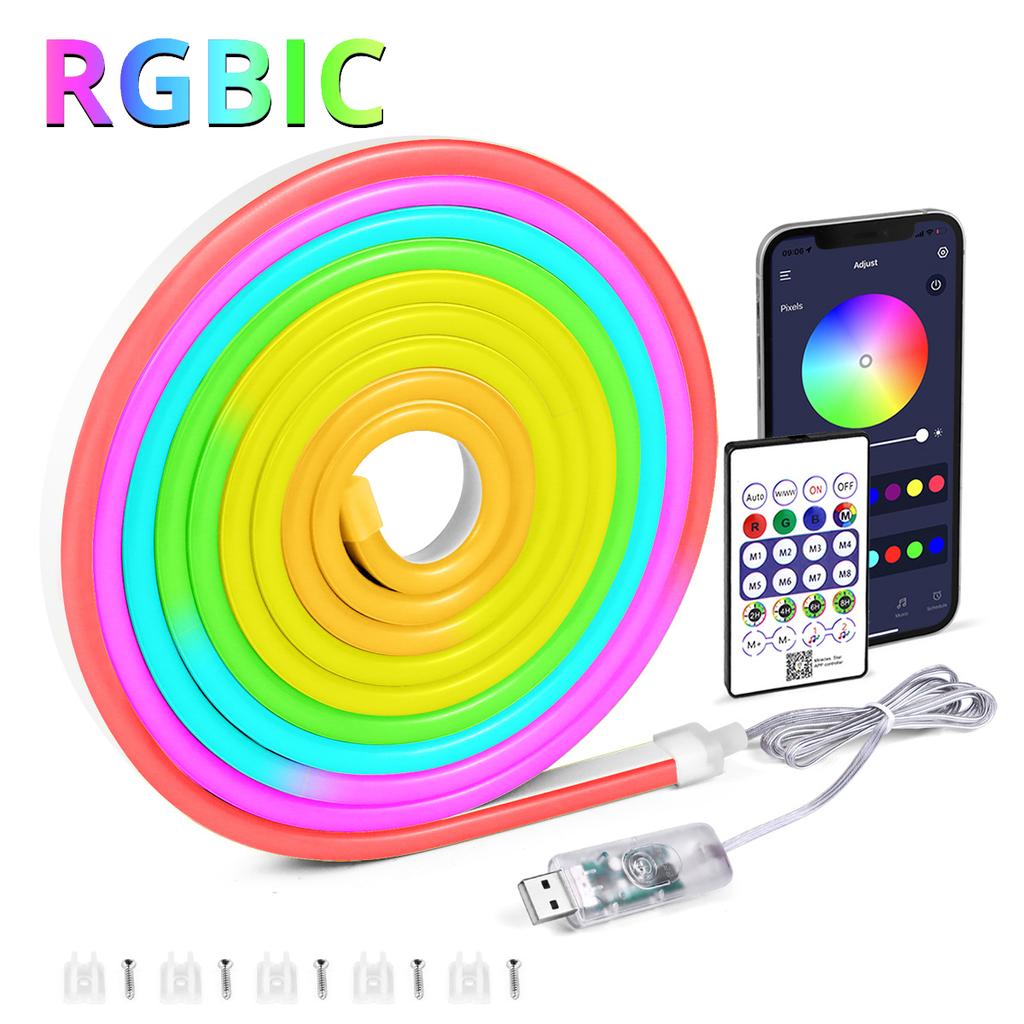 Gaming Room RGBIC Neon LED Strip Lights USB 5V Flexible Waterproof Rope with APP Bluetooth Music Sync DIY Desk Wall Ambient Lighting