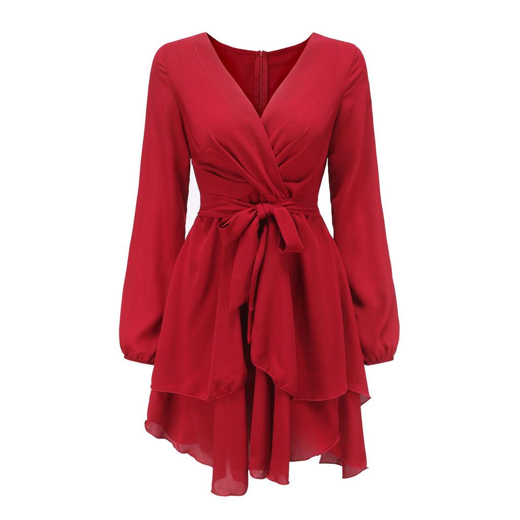 Europäisches & Amerikanisches Damen V-Ausschnitt High-Waist Langarm A-Linien Kleid – Einfarbig, Slim Fit, Casual Stil