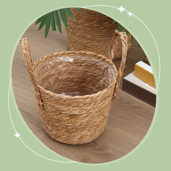 Wicker Planter Basket with Handles Indoor Outdoor Plants Rattan Woven Planter Pot Home Living Room Balcony Garden Round Decorative Flower Pot
