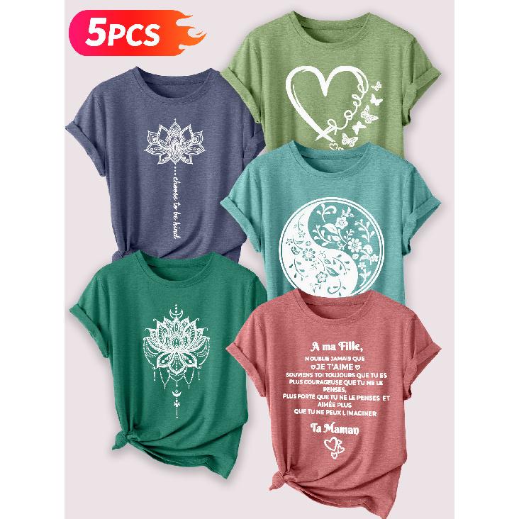 Lele Orientation Five-piece set for beautiful women T Shirt Mandala Lotus Yin-Yang Floral Heart Butterfly French Message Vintage Print Summer Casual