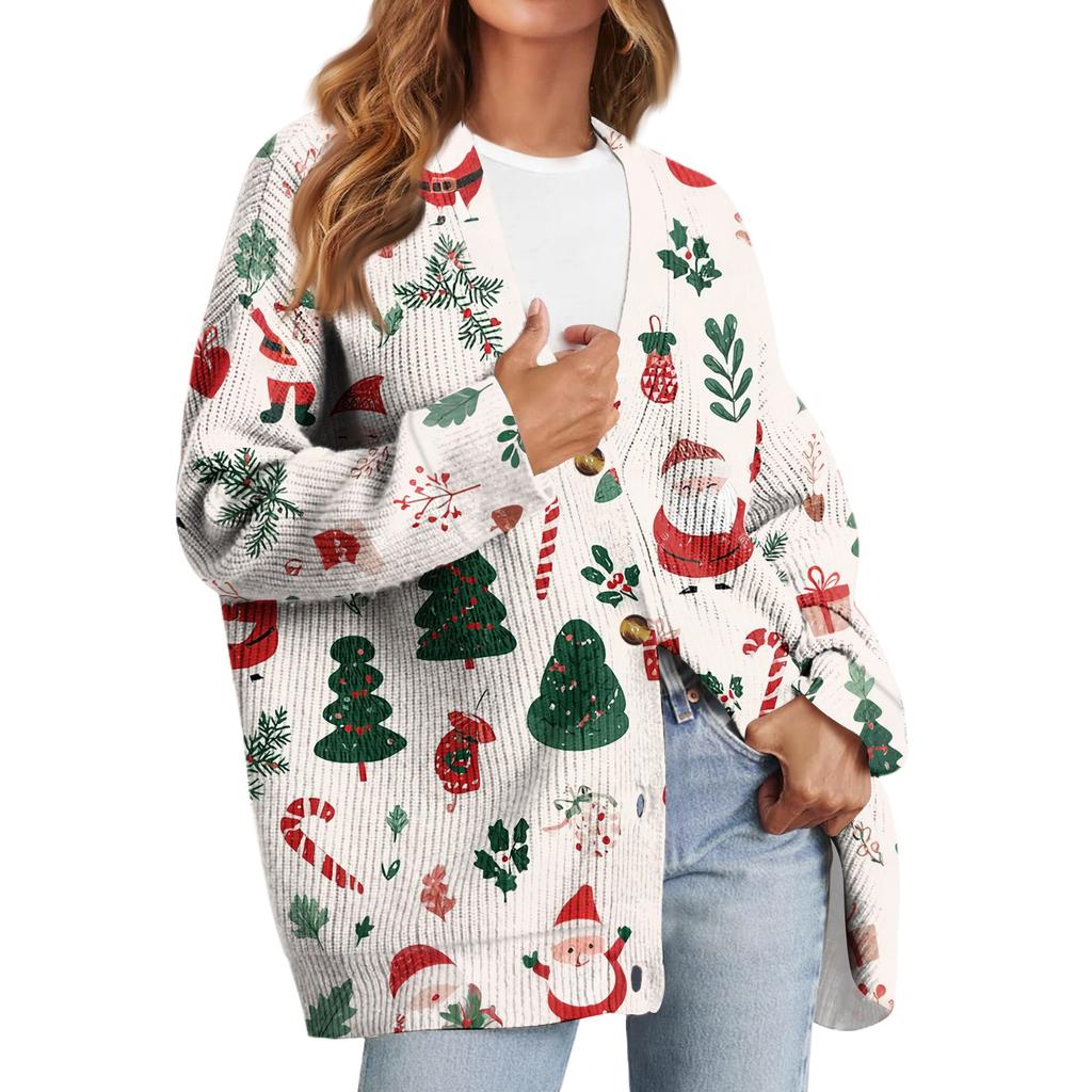 Women's Fashion Long Sleeve Christmas Print V-Neck Button Loose Cardigan Top