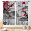 Japanese Curtains Traditional Ink Painting Red Floral Plum Cherry Blossom Asian Style Nature Mountains Landscape Window Drapes Curtain Polyester