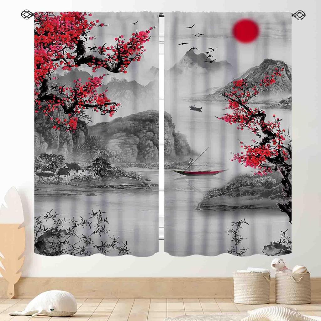 Japanese Curtains Traditional Ink Painting Red Floral Plum Cherry Blossom Asian Style Nature Mountains Landscape Window Drapes Curtain Polyester